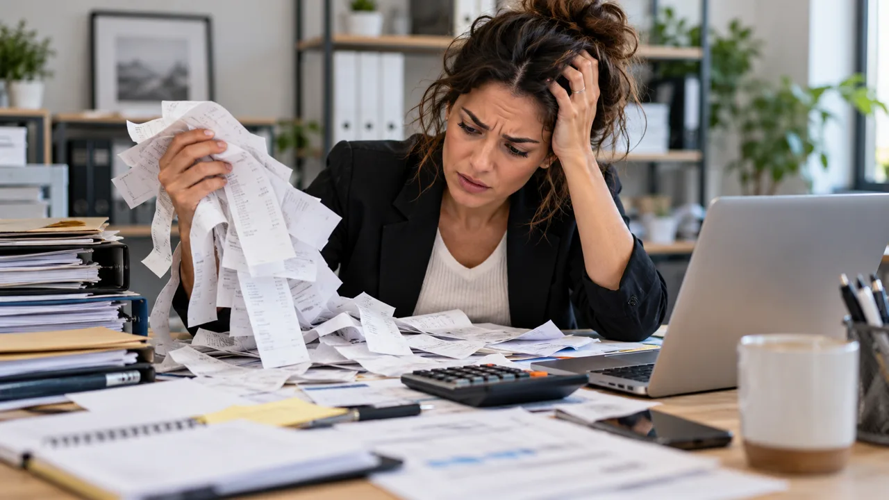Frustrated business owner sorting through receipts and tax paperwork at her desk.